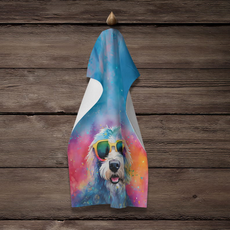 Hippie-dawg dog pot holder with colorful rainbow sunglasses portrait on blue background.