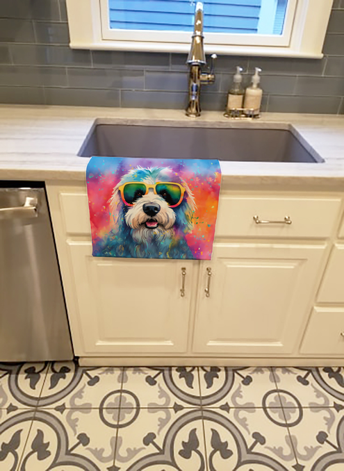 Rainbow dog portrait pot holder with colorful sunglasses, rectangular hanging kitchen decor.