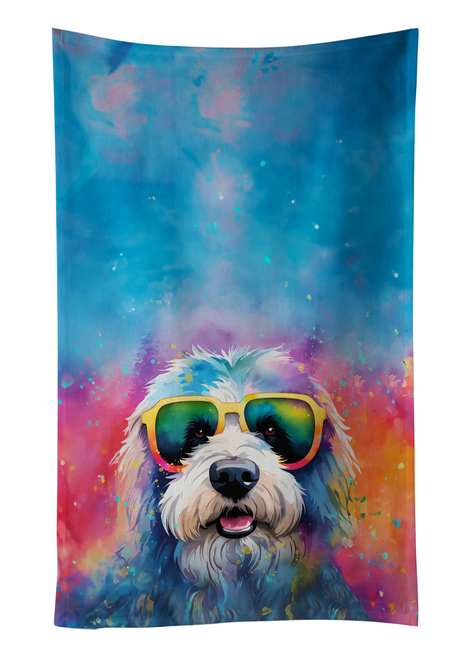 Vertical dog portrait pot holder with rainbow sunglasses and splatter paint effect.