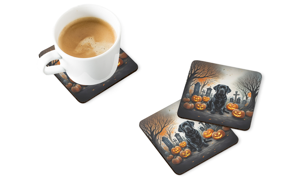 Basset Hound Halloween pot holder pair with dog graveyard design, under mug