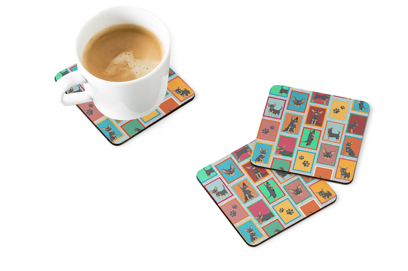 Colorful cat-themed coasters in orange, teal, and pink with playful designs, perfect for home décor and coffee lovers.