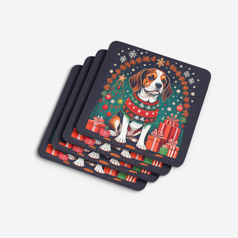Set of navy Christmas bearded collie coasters with colorful trees, gifts, and sparkles