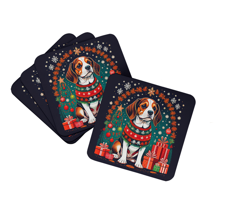 Two navy Christmas bearded collie coasters with colorful wreath and gift illustrations