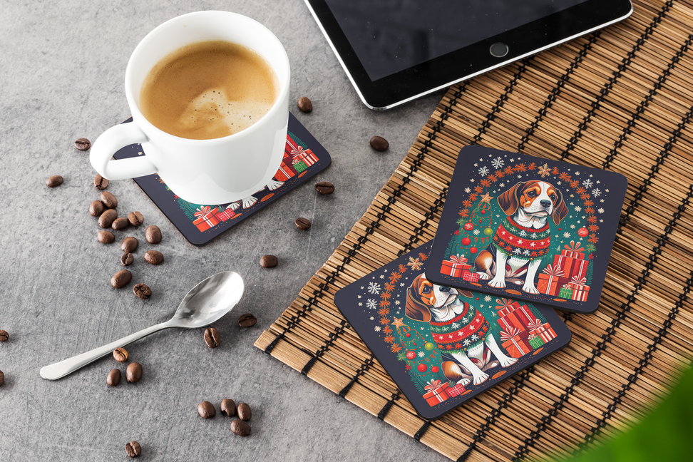 Coffee cup on Christmas bearded collie coaster, set of two coasters beside bamboo mat