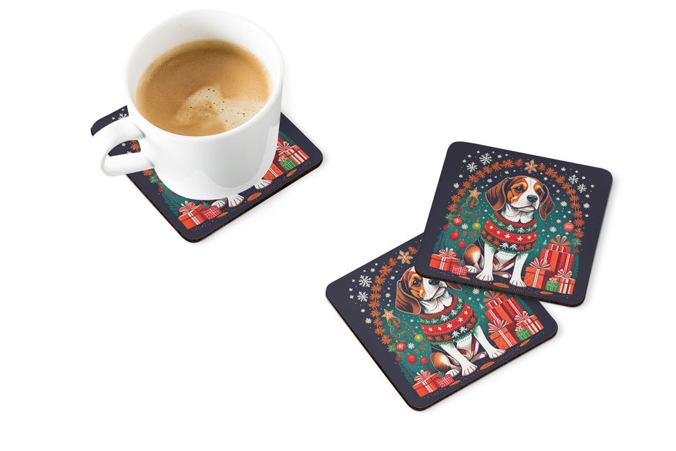 Coffee cup and Christmas bearded collie coasters on white background with gift graphics