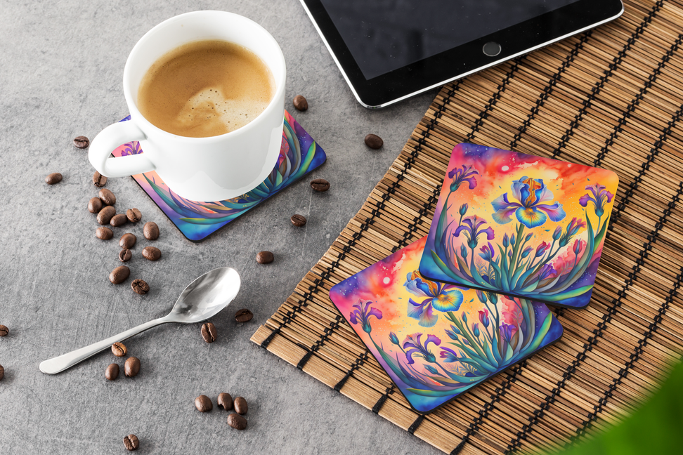 Pair of colorful floral pot holders with hydrangea-style blooms