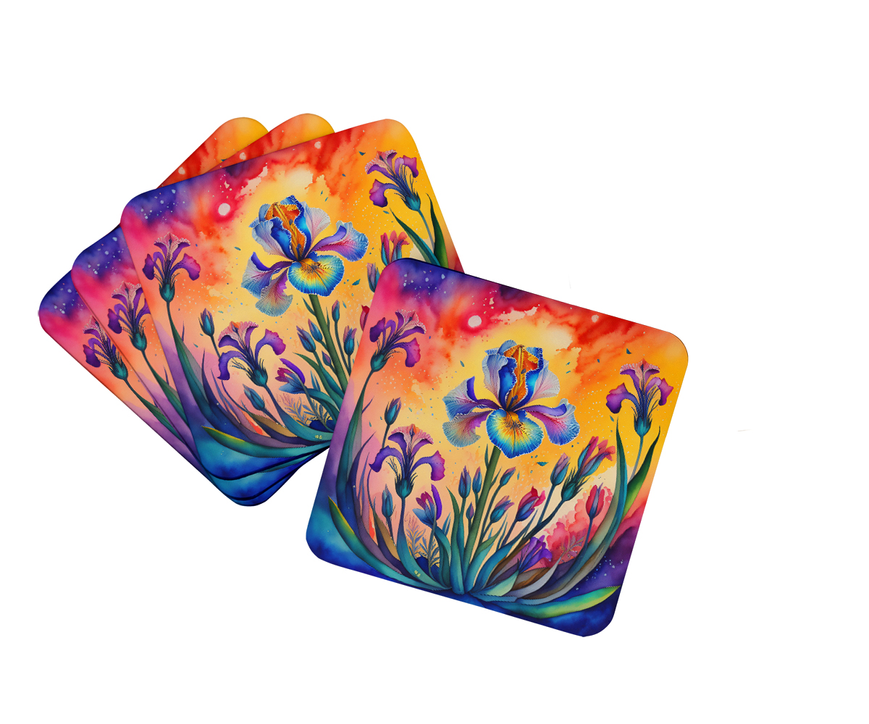 Two colorful floral pot holders overlapping, featuring blue and orange flowers