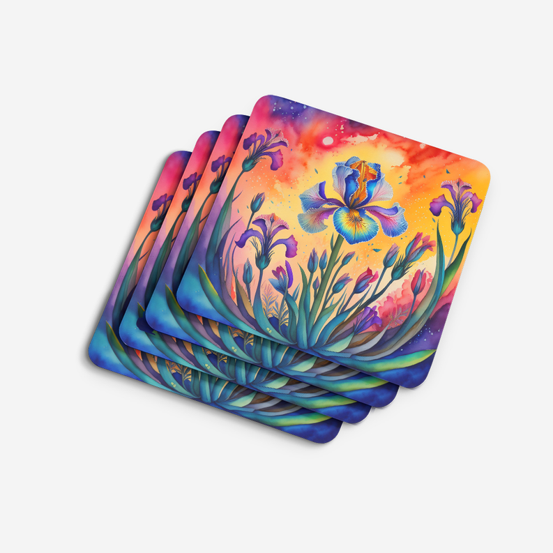 Stack of colorful floral pot holders with bright sunset-like background