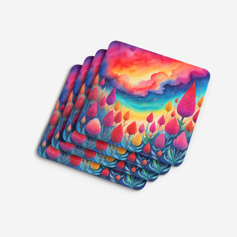 Chrysanthemum pot holder pair stacked, colorful floral design with rainbow sky and raindrop accents