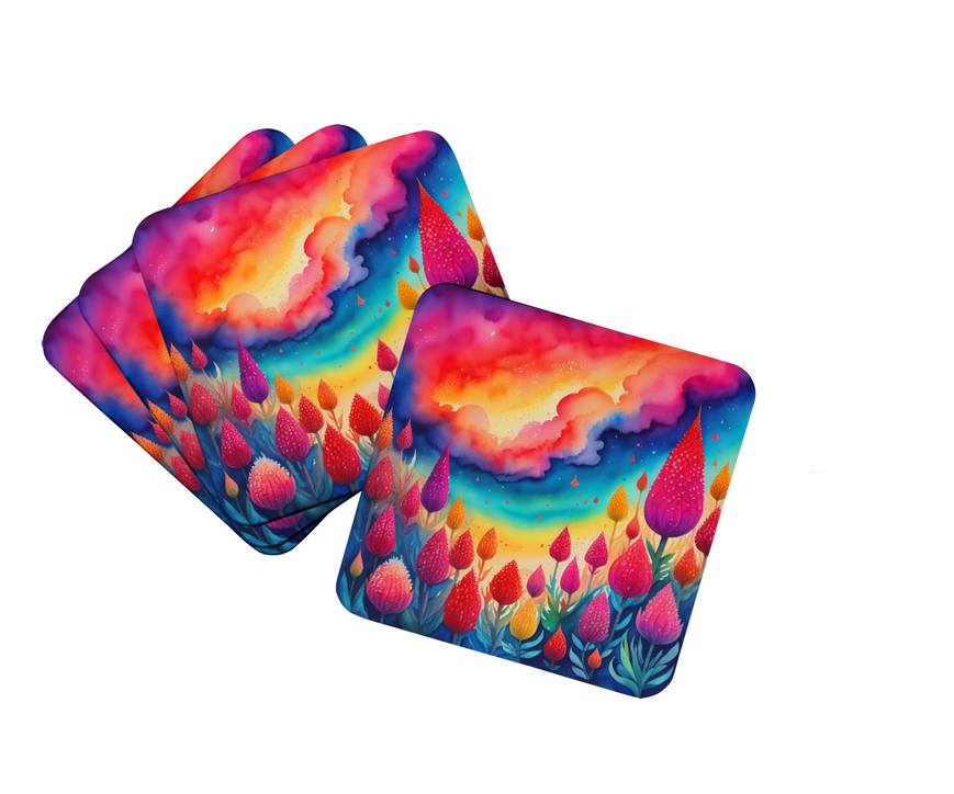 Chrysanthemum pot holder pair overlapping, colorful floral pattern with colorful sky and leaves