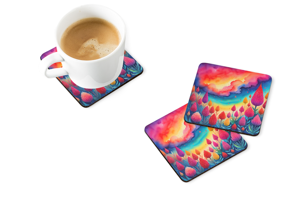 Pair of colorful floral pot holders with blossoms and rainbow sky