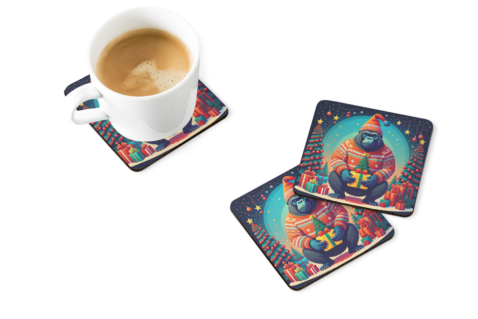 Pair of Christmas pot holders with navy outer prints and colorful holiday animal artwork