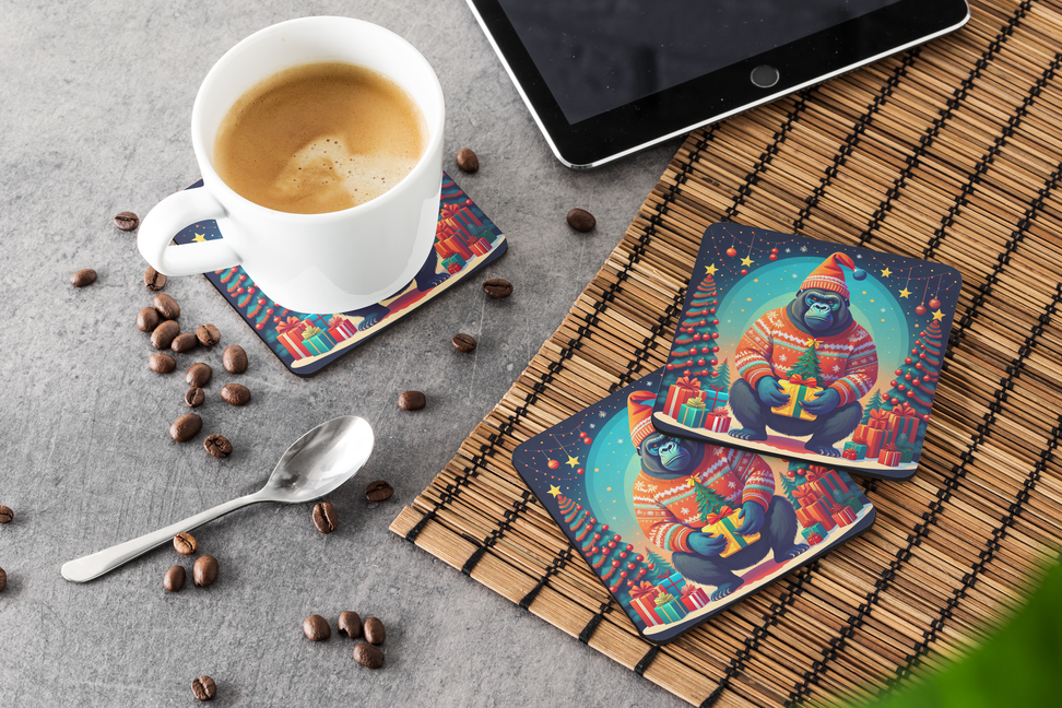 Christmas pot holder pair with navy fabric and teal animal artwork, starry holiday details