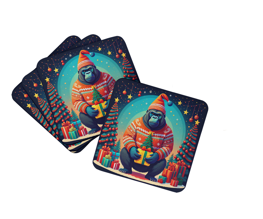 Pair of Christmas pot holders with navy backing and colorful teal holiday animal design