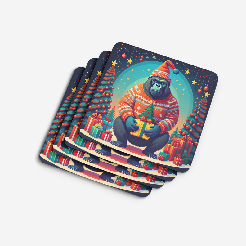 Set of two Christmas pot holders stacked, navy print with teal animal and wrapped gifts