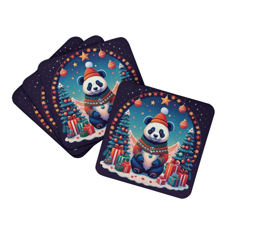 Festive panda print coasters, vibrant colors, durable material, perfect for holiday decor and entertaining.