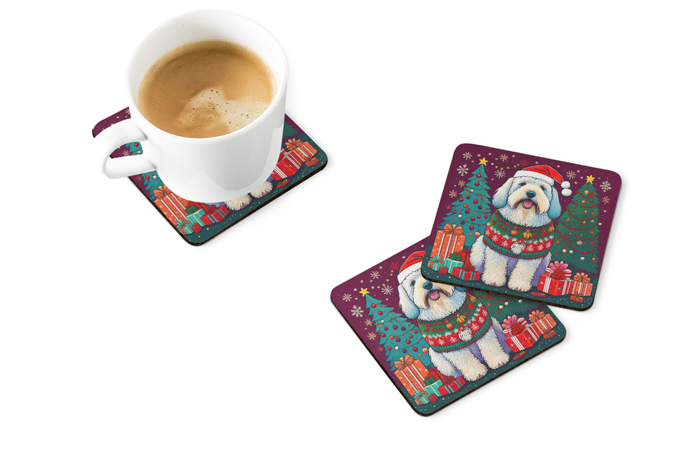 Two maroon toy poodle Christmas foam coasters with one holding a mug