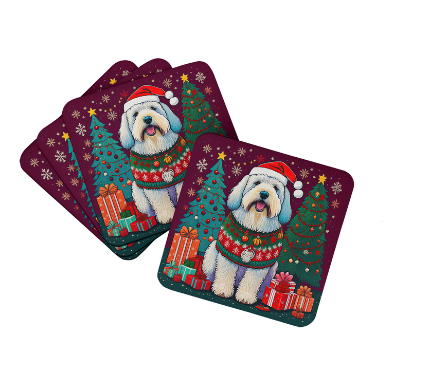 Two maroon toy poodle Christmas foam coasters stacked, angled view