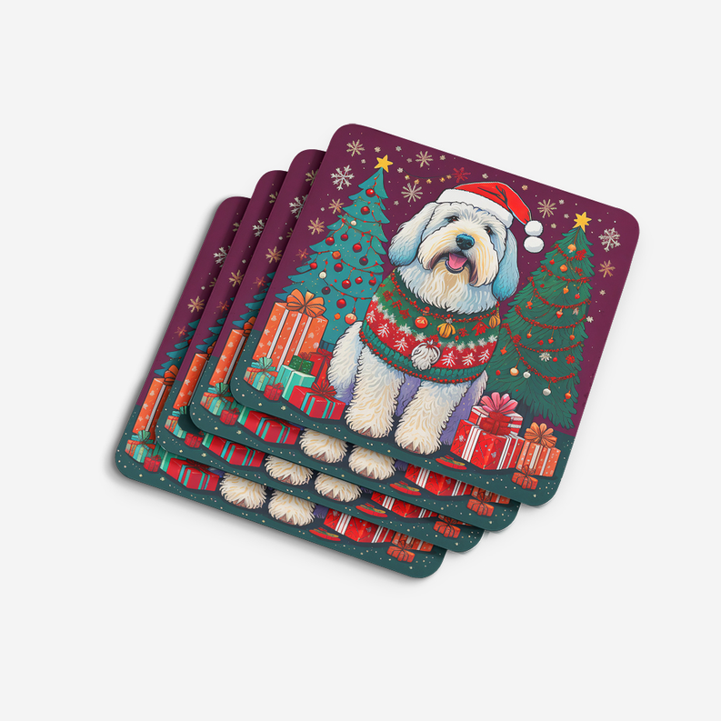 Set of maroon toy poodle Christmas foam coasters, fanned arrangement