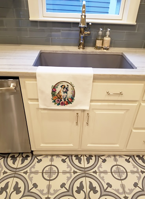 English bulldog and flowers foam coaster design on hanging towel: bulldog in floral circle