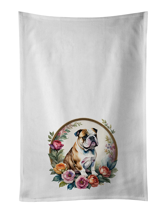 English bulldog and flowers foam coaster design: white fabric with bulldog floral circle