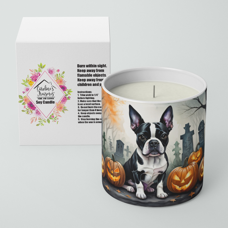 Halloween dog graveyard soy candle in clear glass jar with pumpkin and tombstone design