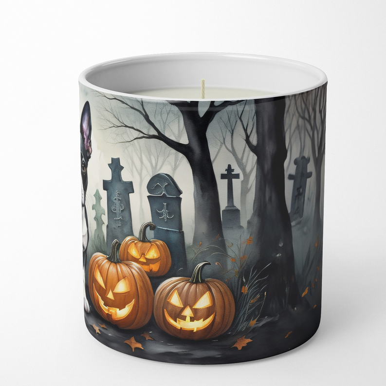 Halloween dog graveyard soy candle in clear glass jar with jack-o'-lanterns and crosses