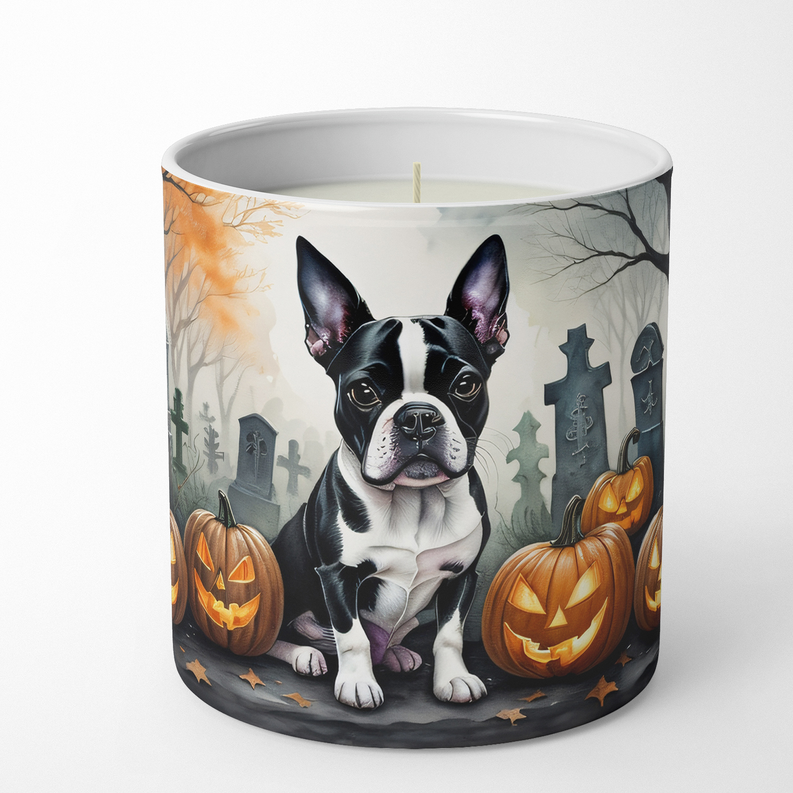 Halloween dog graveyard soy candle in clear glass jar with jack-o'-lanterns and crosses