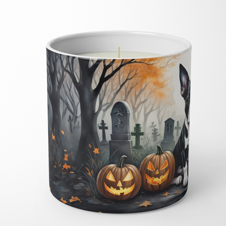 Halloween dog graveyard soy candle in clear glass jar with glowing moon and carved pumpkins