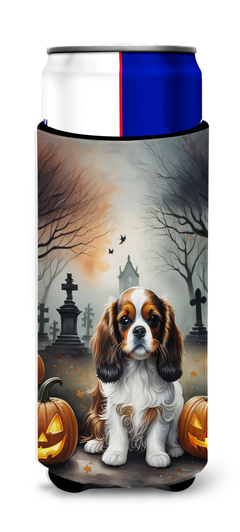 Halloween can cooler with Cavalier Spaniel dog and haunted graveyard pumpkin design