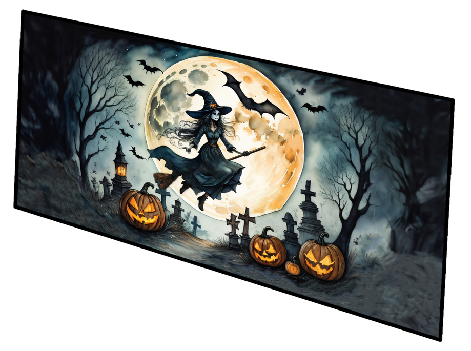 Rectangular pair of pot holders with flying witch under full moon, bats, and pumpkins
