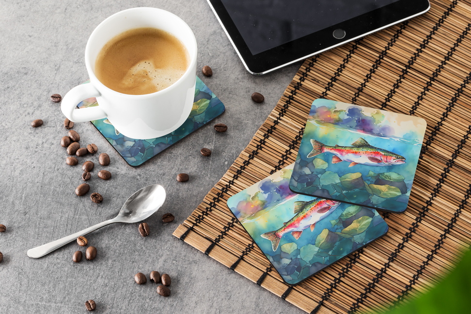 Sea fish graphic pot holder set of 2 with coffee cup on bamboo mat