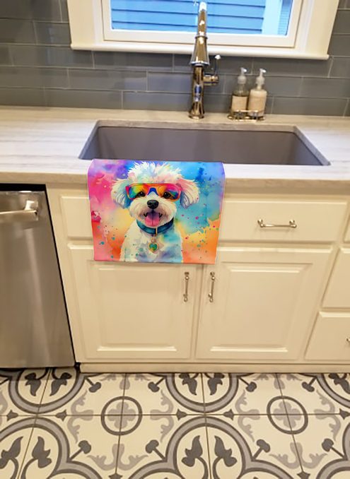 Dog watercolor pot holder hanging on kitchen cabinet door