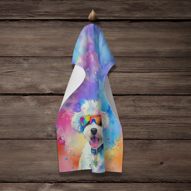 Colorful dog portrait pot holder displayed on wooden background