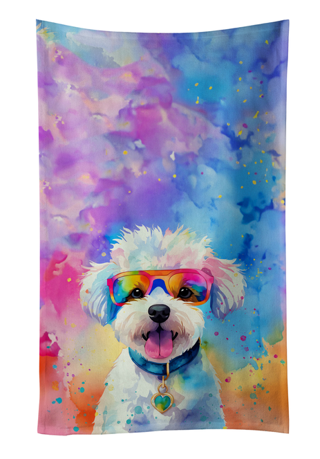 Colorful watercolor dog pot holder with rainbow glasses and heart charm