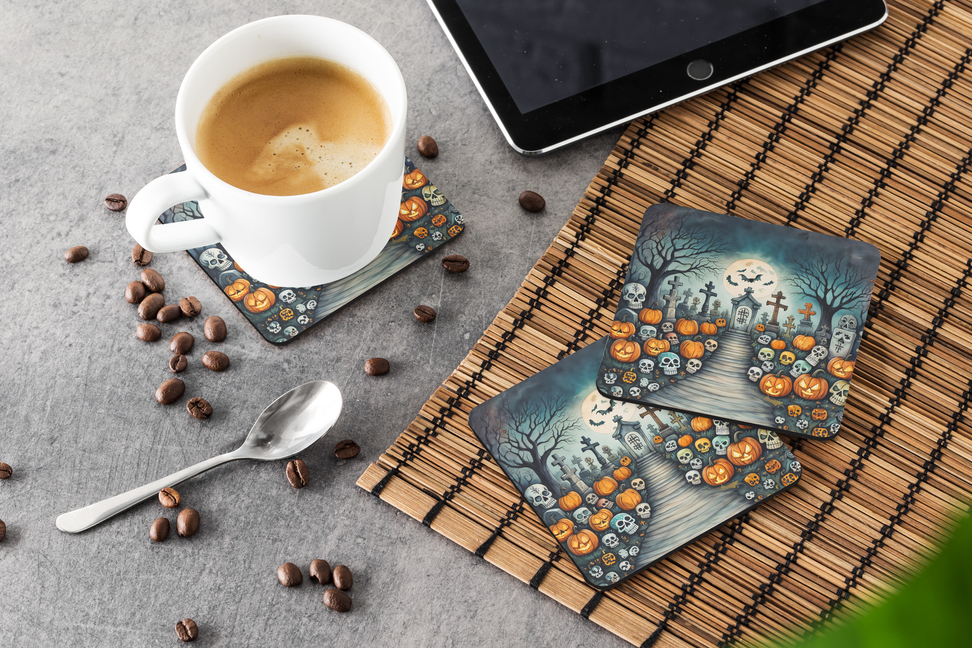 Halloween foam coaster with spooky skeleton, pumpkin and graveyard scene under a coffee cup.