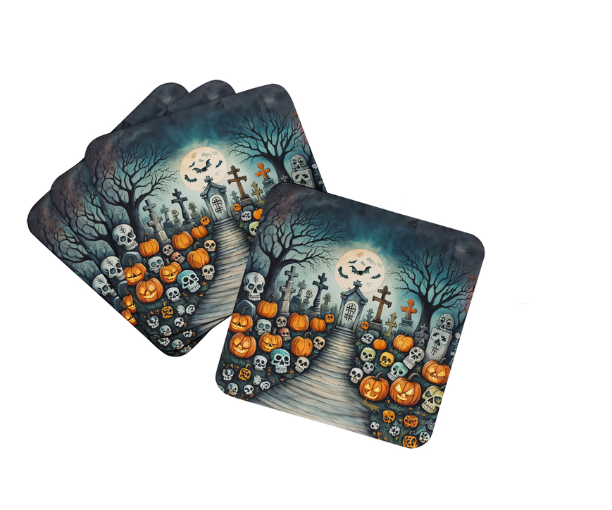 Halloween foam coaster pair with dark blue haunted cemetery scene, pumpkins and skeleton characters.