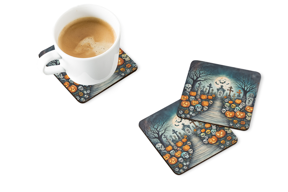 Halloween foam coaster pair showing haunted graveyard skeletons, pumpkins and tombstones artwork.