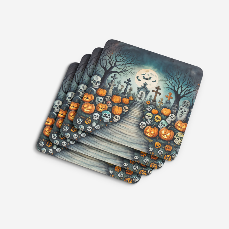 Halloween foam coaster set of two with haunted graveyard skeletons, pumpkins and moon graphic.