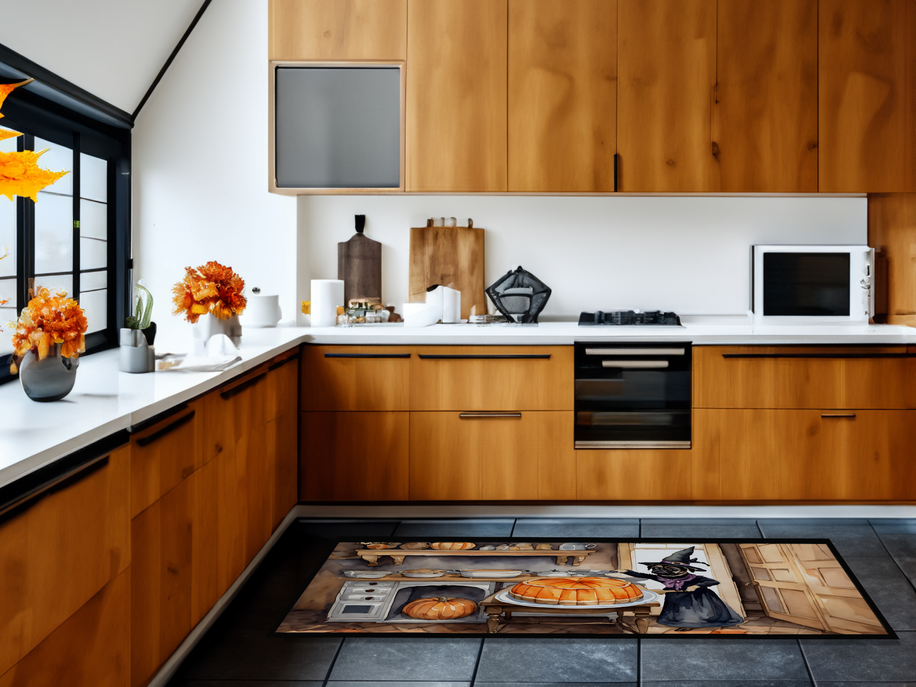 Fall kitchen mat with witch-cat and pumpkin artwork on a kitchen floor