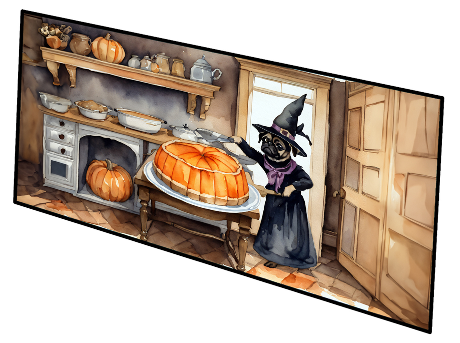 Rectangular fall kitchen mat illustration featuring witch cat and orange pumpkins