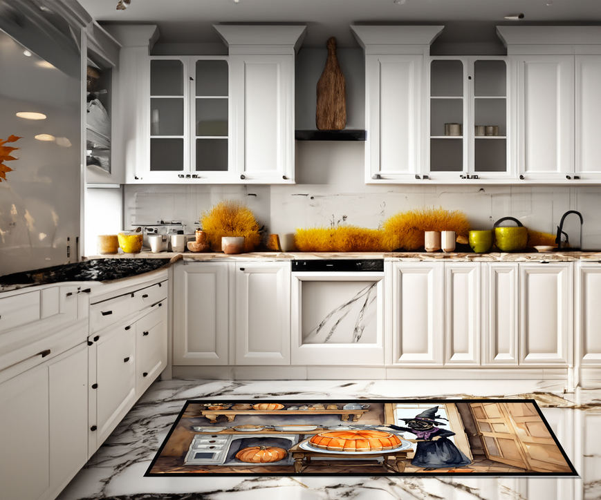 Fall kitchen mat with witch-cat and pumpkin artwork on a kitchen floor