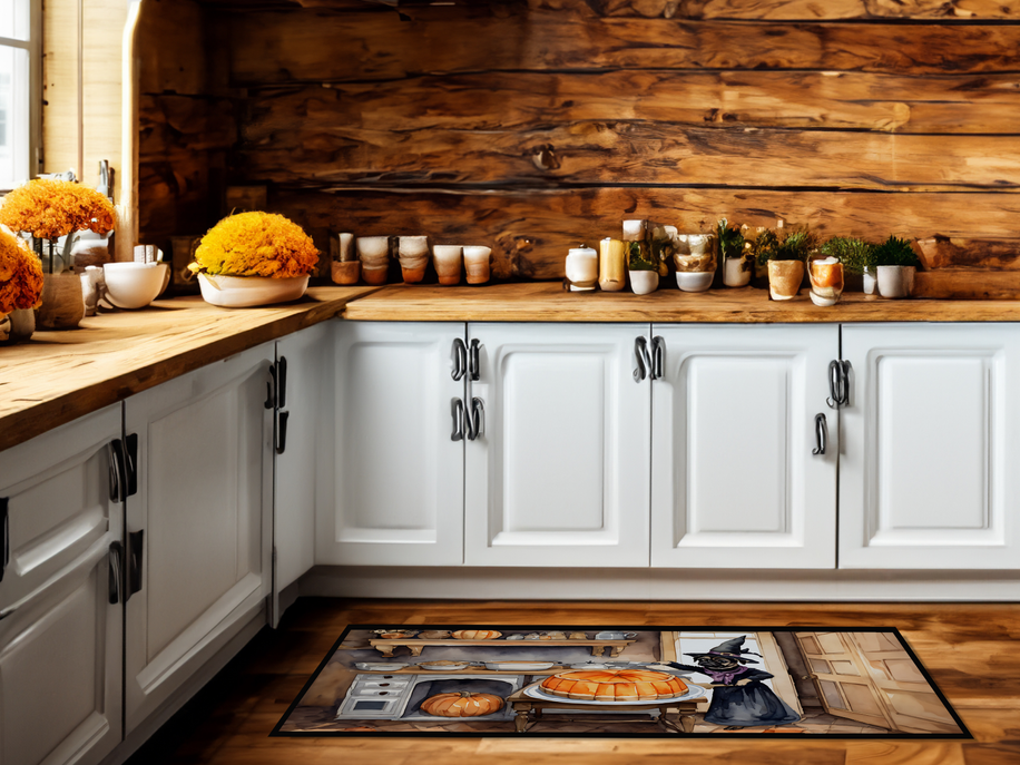 Fall kitchen mat with witch-cat and pumpkin artwork in a rustic wood cabinet kitchen