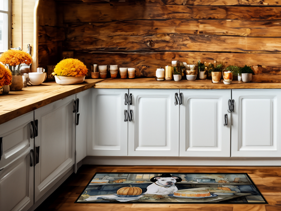 Decorative kitchen rug mat featuring white dog with pumpkins on kitchen floor