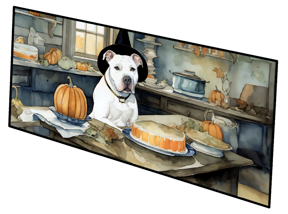 Decorative kitchen rug mat featuring white dog, pumpkins, and fall kitchen scene art