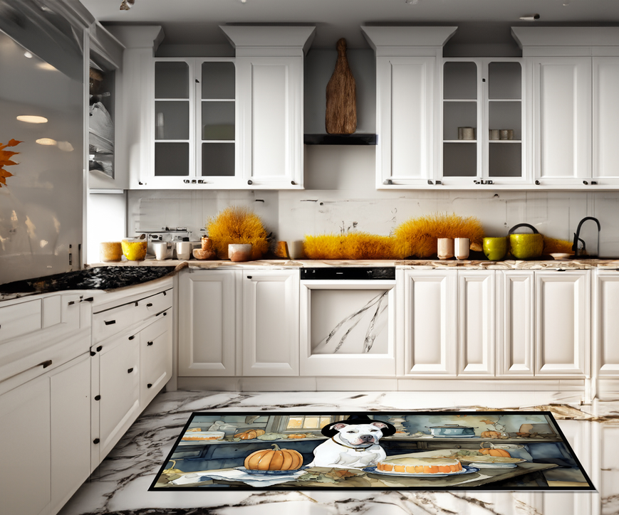 Decorative kitchen rug mat with white dog, pumpkins, and fall kitchen scene illustration