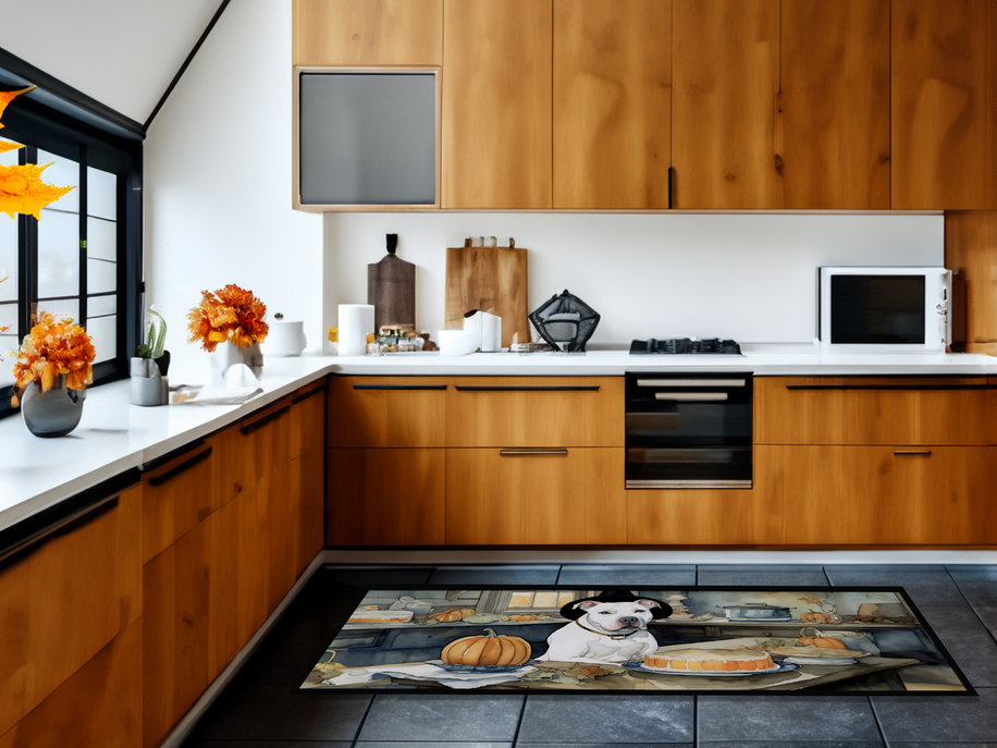 Decorative kitchen rug mat with white dog, pumpkins, and fall kitchen table scene