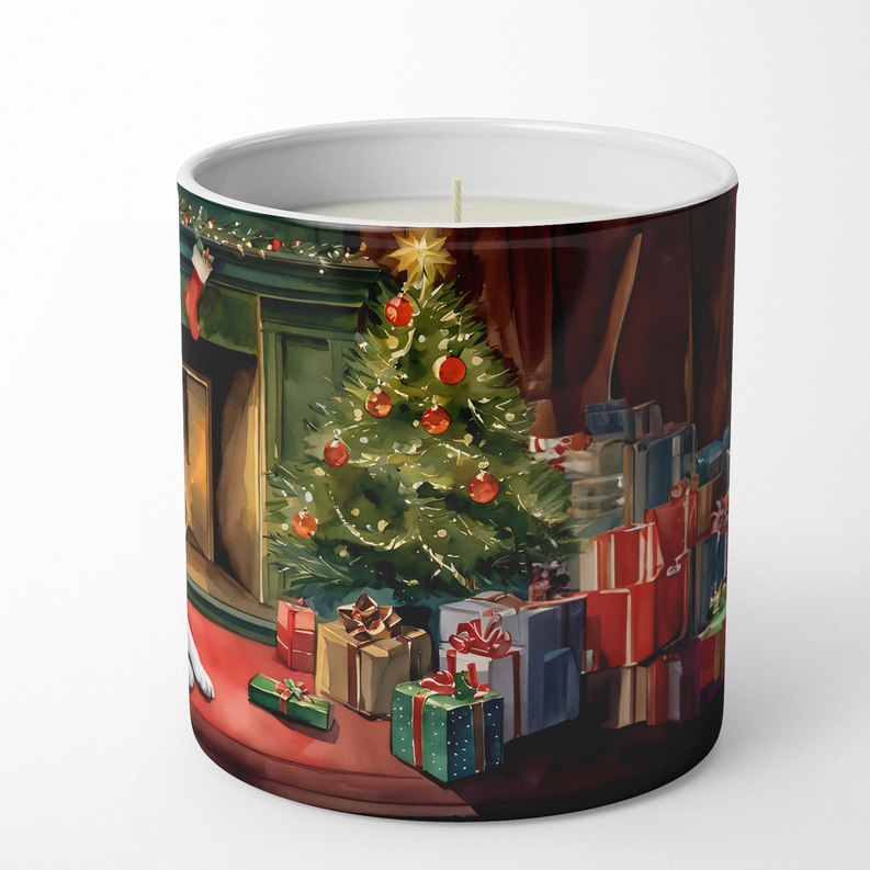 Decorative soy candle jar with Christmas tree and wrapped gift illustration