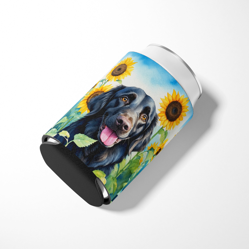 Sunflower dog koozie can holder with blue background and fox terrier portrait