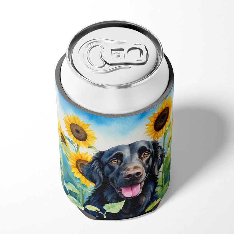 Silver-top dog can cooler with sunflower fox terrier artwork on blue background